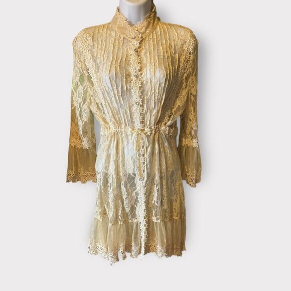 Passion Concept Top Ivory Lace Sheer Bell Sleeve Victorian  Button Blouse XL‎ - Picture 1 of 11